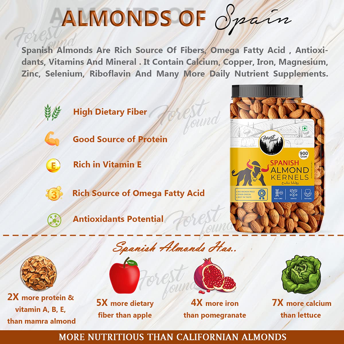 Forest Found Spanish Whole Almonds - 900g | Crunchy Raw Badam Giri | 100% Natural, Fresh & Authentic Mediterranean Almonds | High Protein & Vitamin E Rich | Healthy Snack for Brain & Heart