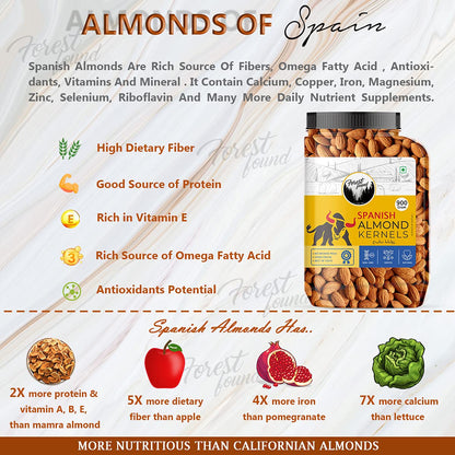Forest Found Spanish Whole Almonds - 900g | Crunchy Raw Badam Giri | 100% Natural, Fresh & Authentic Mediterranean Almonds | High Protein & Vitamin E Rich | Healthy Snack for Brain & Heart