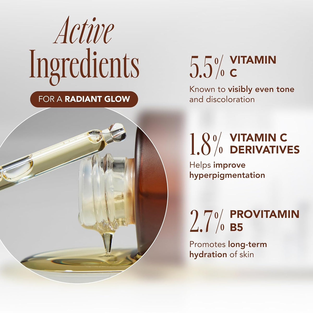Active ingredients for skincare with a dropper and serum bottle on a light background