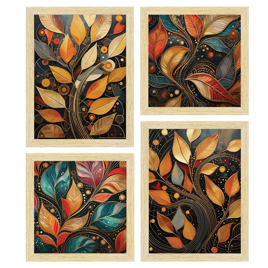 Golden Mystic Leaves Art PaintingsWith Frame for Home Decor, Wall Painting for Living Room, Multicolor, Set of 4