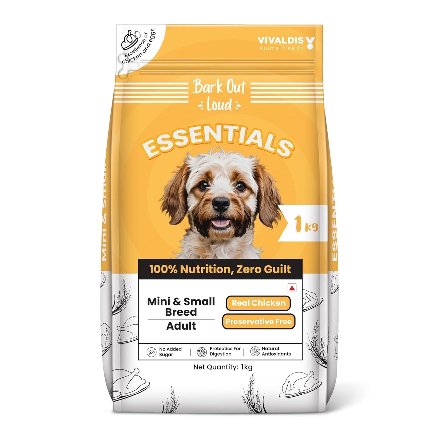 BARK OUT LOUD Essentials Small & Mini Breed Adult Dog Food Real Chicken & Egg | Gluten-Free, Prebiotics & Fish Oil for Immunity | Dry Dog Food for Shihtzu, Poodle - 1 Kg