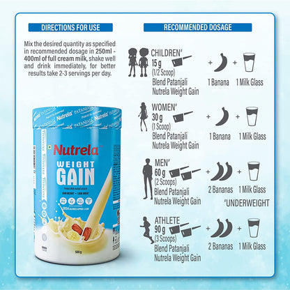 Nutrela Weight Gainer | 500g Banana Flavour | High-Calorie Mass Gainer with Vitamins & Minerals | Ideal for Men Women & Kids