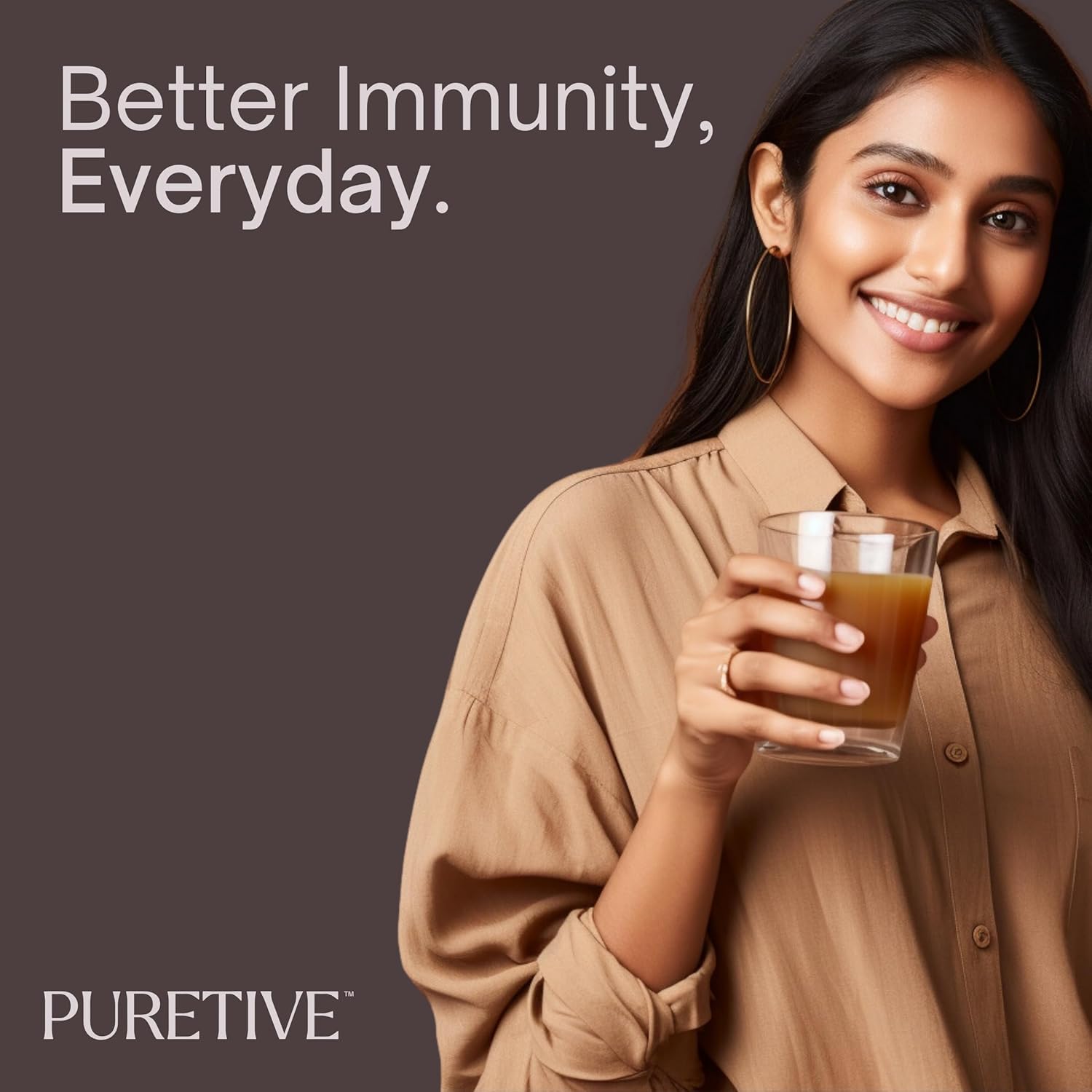 Woman holding a glass of juice with 'Better Immunity, Everyday' text and 'PURETIVE' branding.