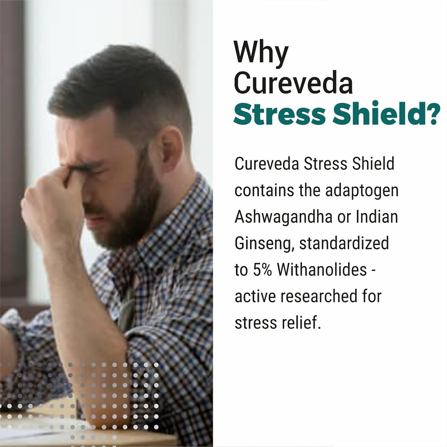 Man with stress relief text about Cureveda Stress Shield