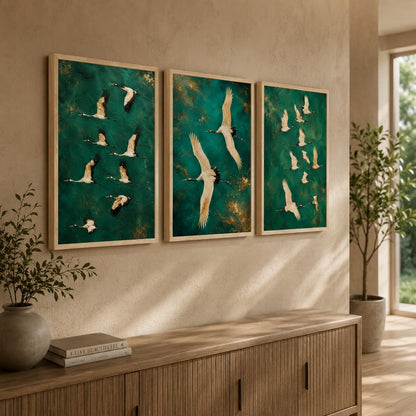 Set of 3 Flying Crane Birds Wall Painting for Living Room Bedroom Hall Office Decor, Premium Wooden Synthetic Frame Green Artwork Gift (13.5 x 19.5 Inch)