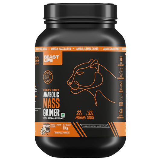 BeastLife High Protein Mass/Weight Gainer | 1 KG | Cookies & Cream | NABL LAB Tested | For Muscle Gain & Fast Growth | Cereal-Based Formula, No Maltodextrin | India's #1 Cereal Based Bulk Gainer