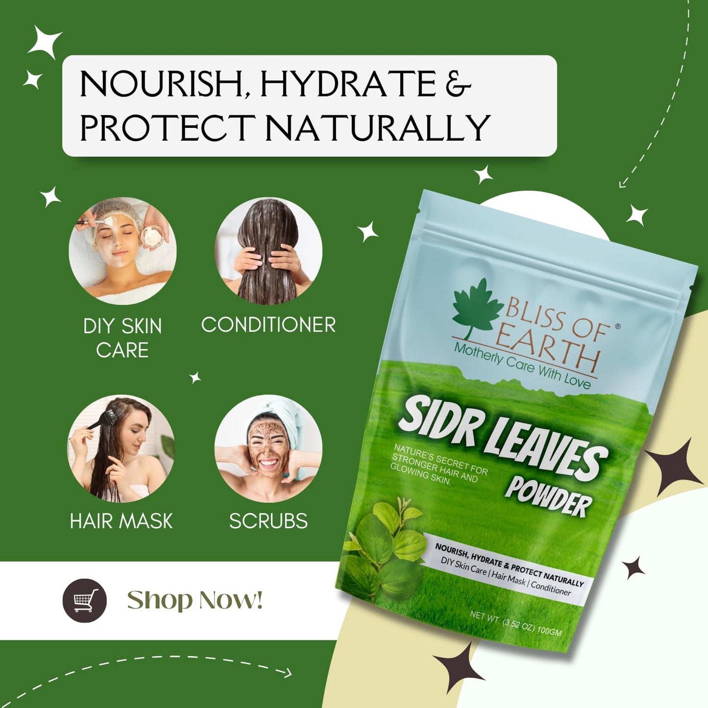 Bliss of Earth Sidr Powder For Hair, 100gm, Handpicked Sidr leaves, Pure Beri Leaves Powder For Hair & Skin