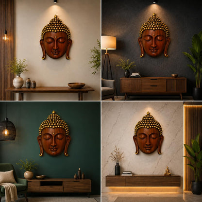 Brown & Gold Buddha Face Wall Hanging Statue for Home Decor, Premium Resin Meditation Buddha Wall Art for Living Room, Office, Temple, Yoga Room & Spiritual Decoration