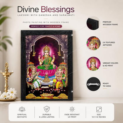 Lakshmi With Ganesha and Saraswati Photo Painting with Wooden Frame Black for Temple - (14 x 12 Inches)