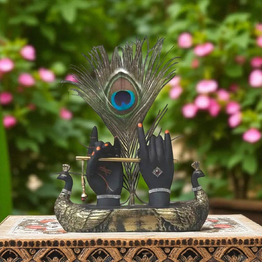 Handcrafted Krishna Ji Hands with Flute Figurine, Hindu Deity Sculpture with Peacock Feather, Home and Office Decor Showpiece