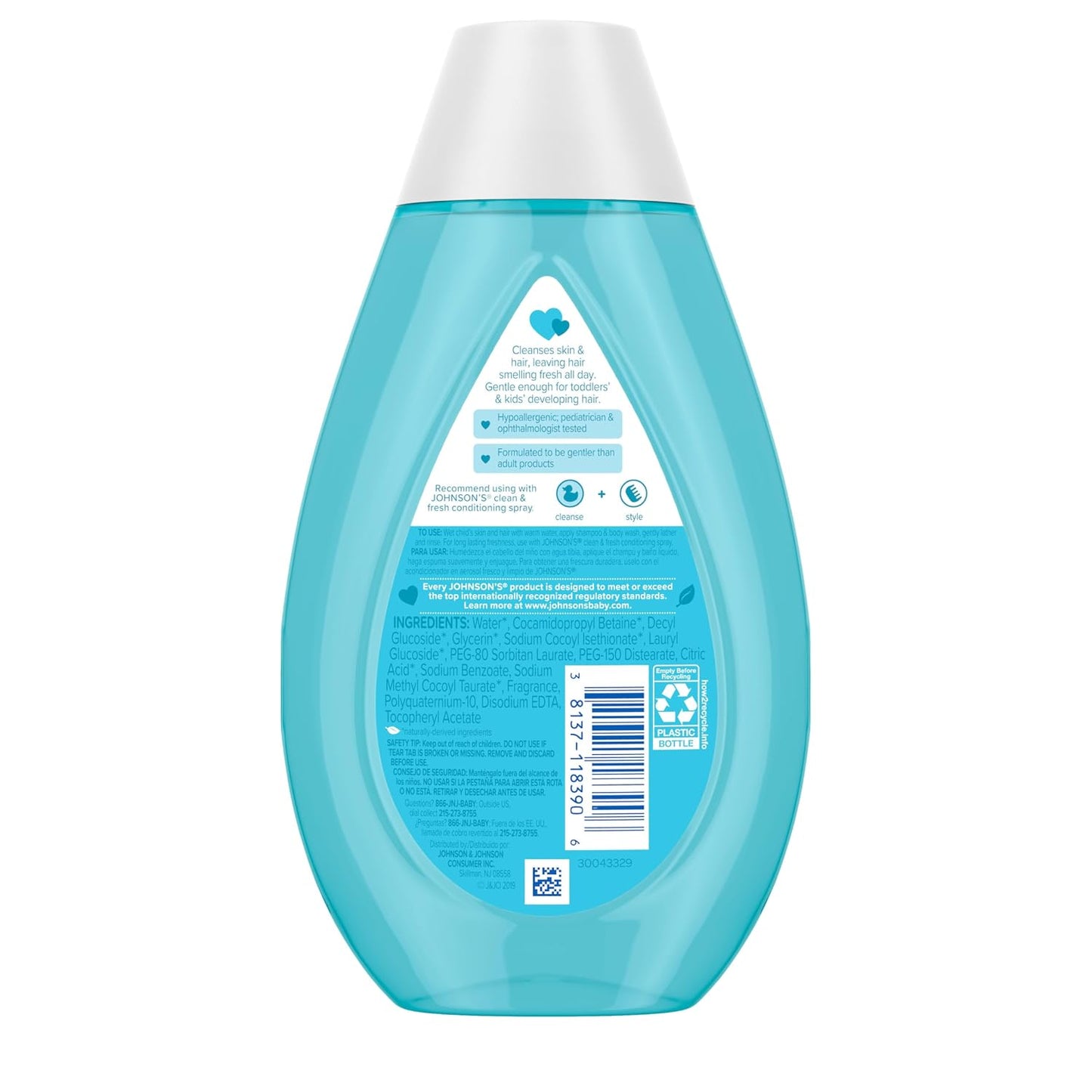 Johnsons Clean & Fresh Tear-Free Childrens Shampoo & Body Wash, Paraben-, Sulfate- & Dye-Free Formula is Hypoallergenic & Gentle on Toddlers Sensitive Skin, FreshBoost Fragrance, 13.6 fl. oz