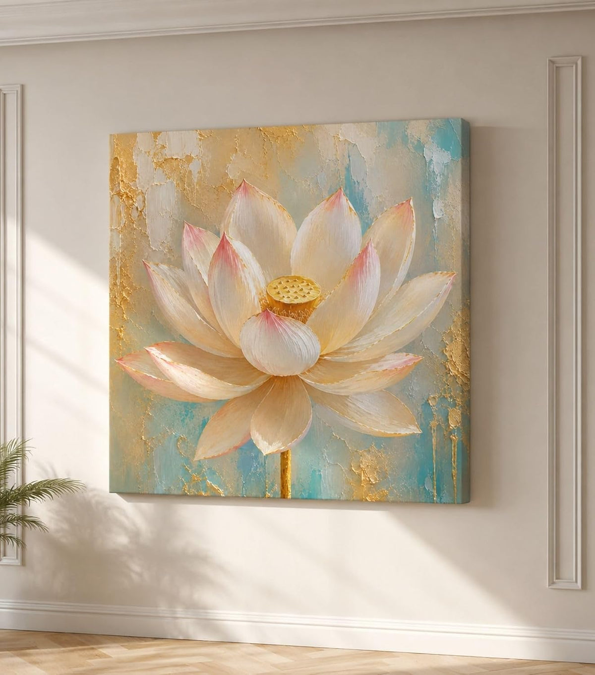 Lotus Flower Painting for Wall Vastu (15+ DESIGNS) Framed Lotus Canvas Painting for Living Room, Bedroom | Nature Floral Wall Art with Multiple Design Variations (Cream Single Lotus, 18x18 Inch, Framed)