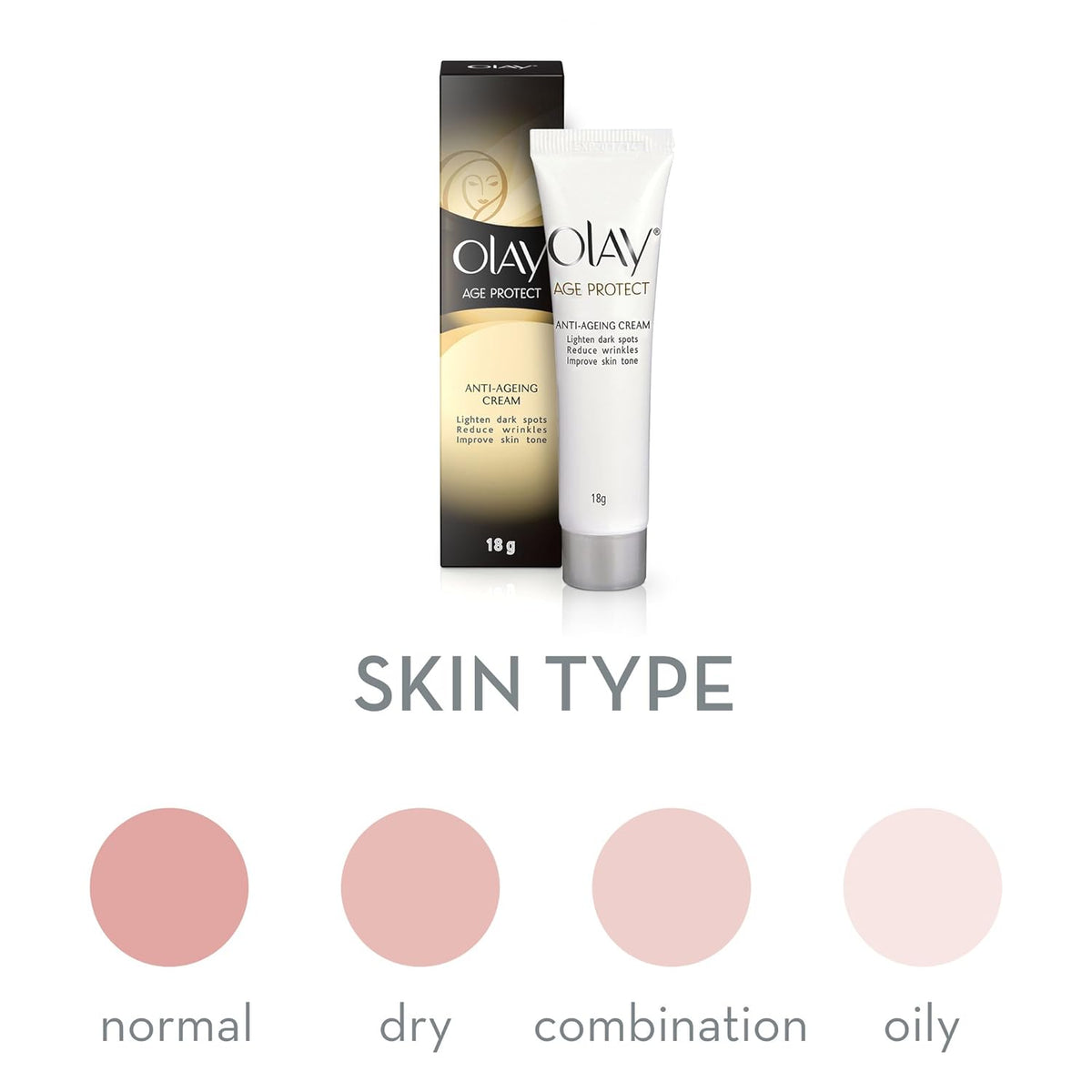 Olay skincare product with packaging and cream tube on a white background, showing skin type options.