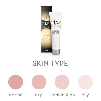 Olay skincare product with packaging and cream tube on a white background, showing skin type options.