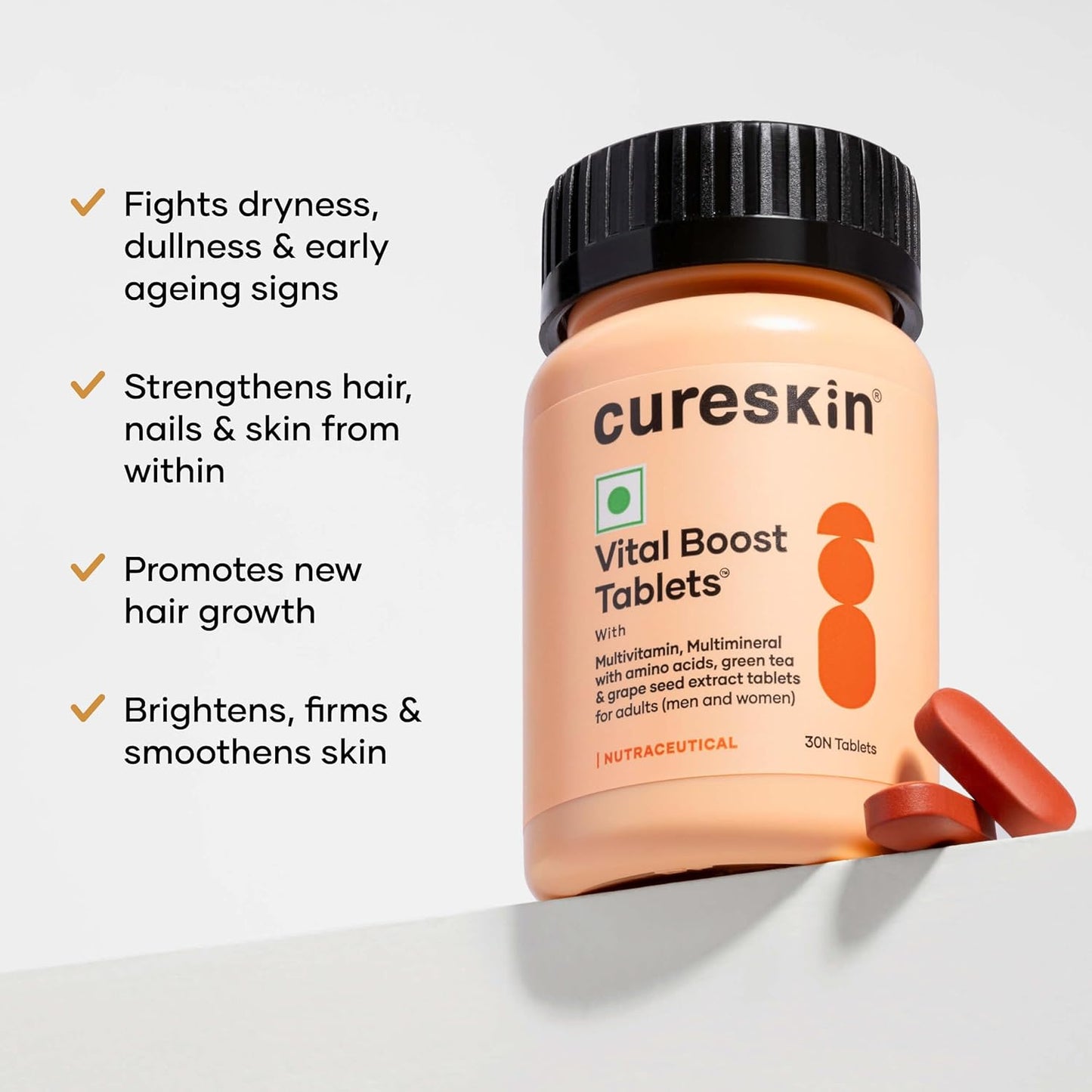 Cureskin Vital Hair Boost Tablets for Hair Fall Control, Hair Growth & Skin Health | Multivitamin Tablet for Men & Women