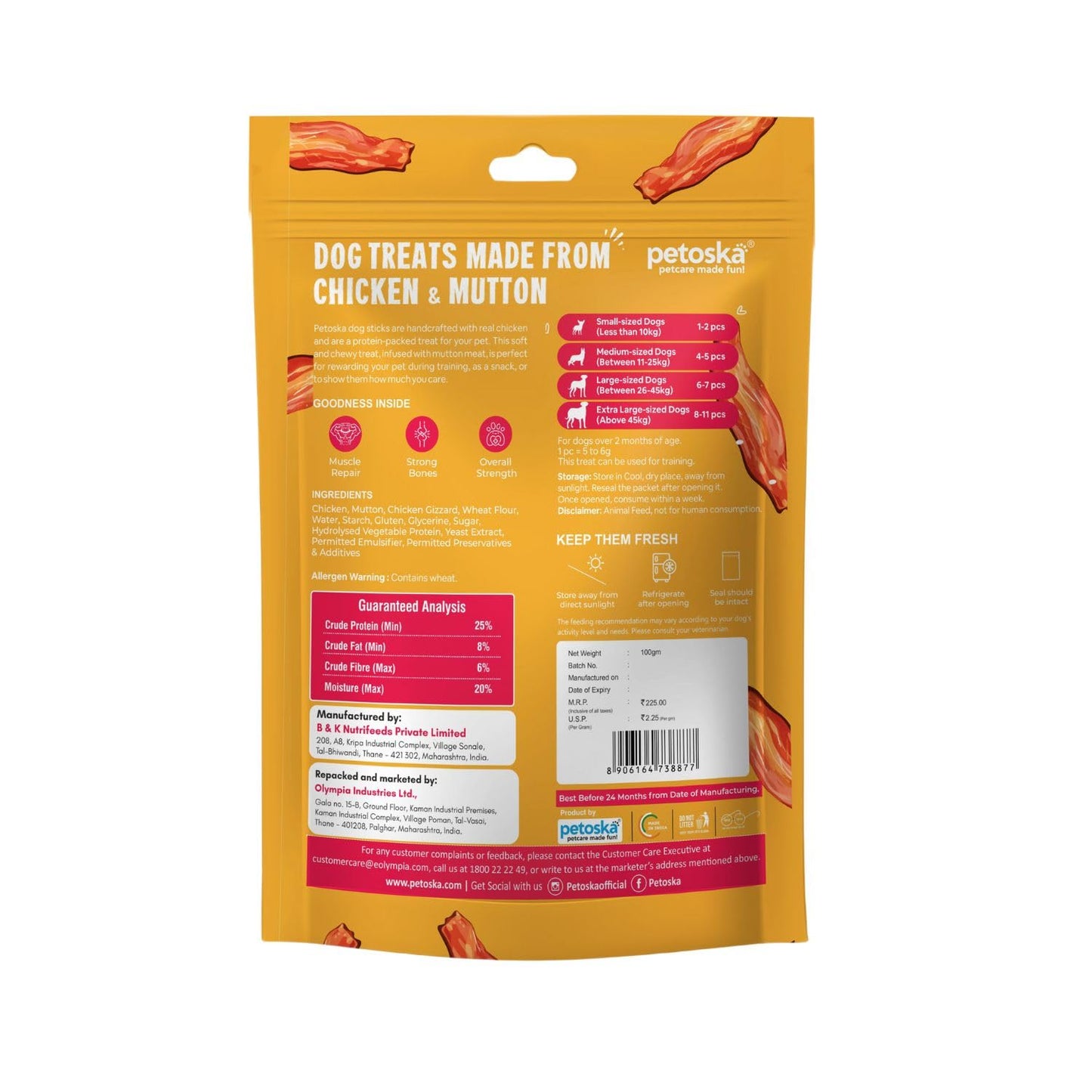 Petoska Chicken Meat Jerky Dog Treats – 100 g Natural High‑Protein Chewy Sticks for Puppies & Adult Dogs