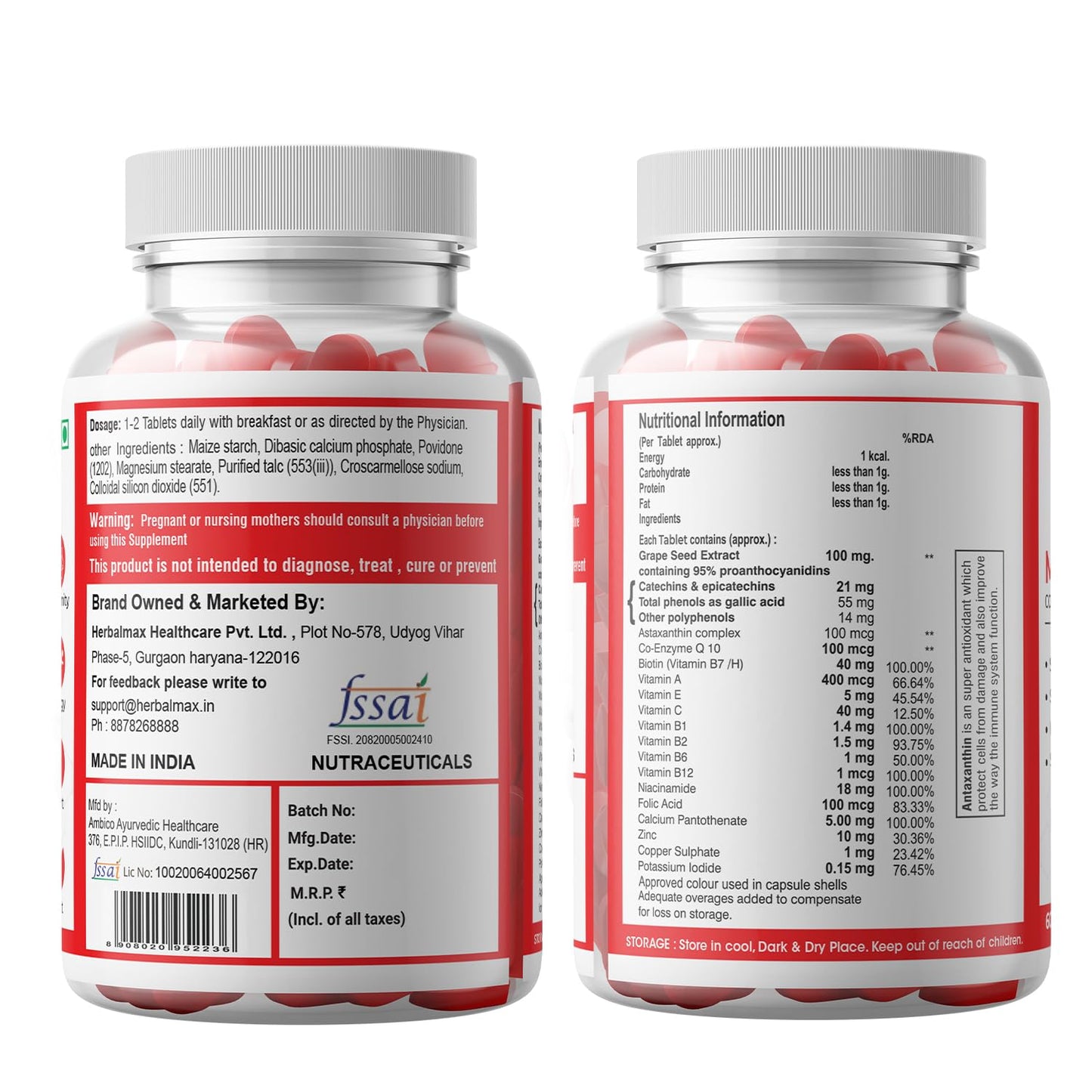 Herbal max Multivitamins Tablets for Men and Women with Zinc, Vitamin C, Vitamin D3, Multiminerals and Ginseng Extract, Enhances Energy, Stamina & Immunity - 60 Tablets