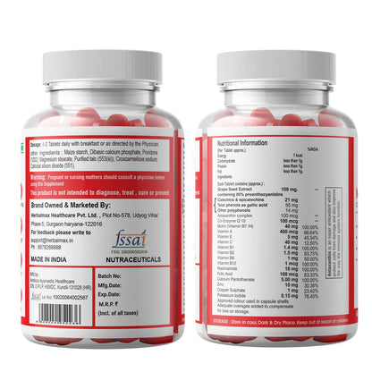 Herbal max Multivitamins Tablets for Men and Women with Zinc, Vitamin C, Vitamin D3, Multiminerals and Ginseng Extract, Enhances Energy, Stamina & Immunity - 60 Tablets