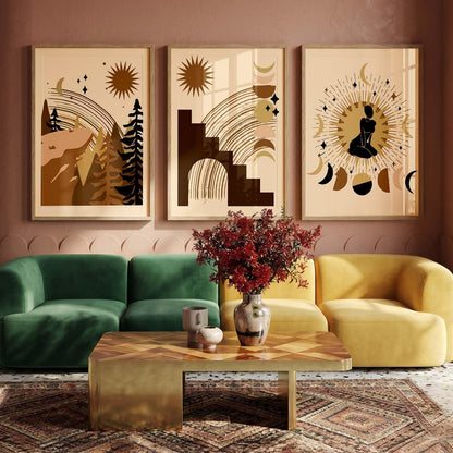 Boho Art Home Decoration Painting Paintings With Frame For Living Room Bed Room Hotel Wall Decor Digital Reprint Set of 3 (13X17 inch)