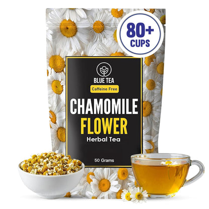 BLUE TEA - Chamomile Tea - 50+ Cups | SLEEP & RELAXATION | Herbal Tea - Caffeine Free - Flower Based - Non-Bitter | Reusable Pet Jar