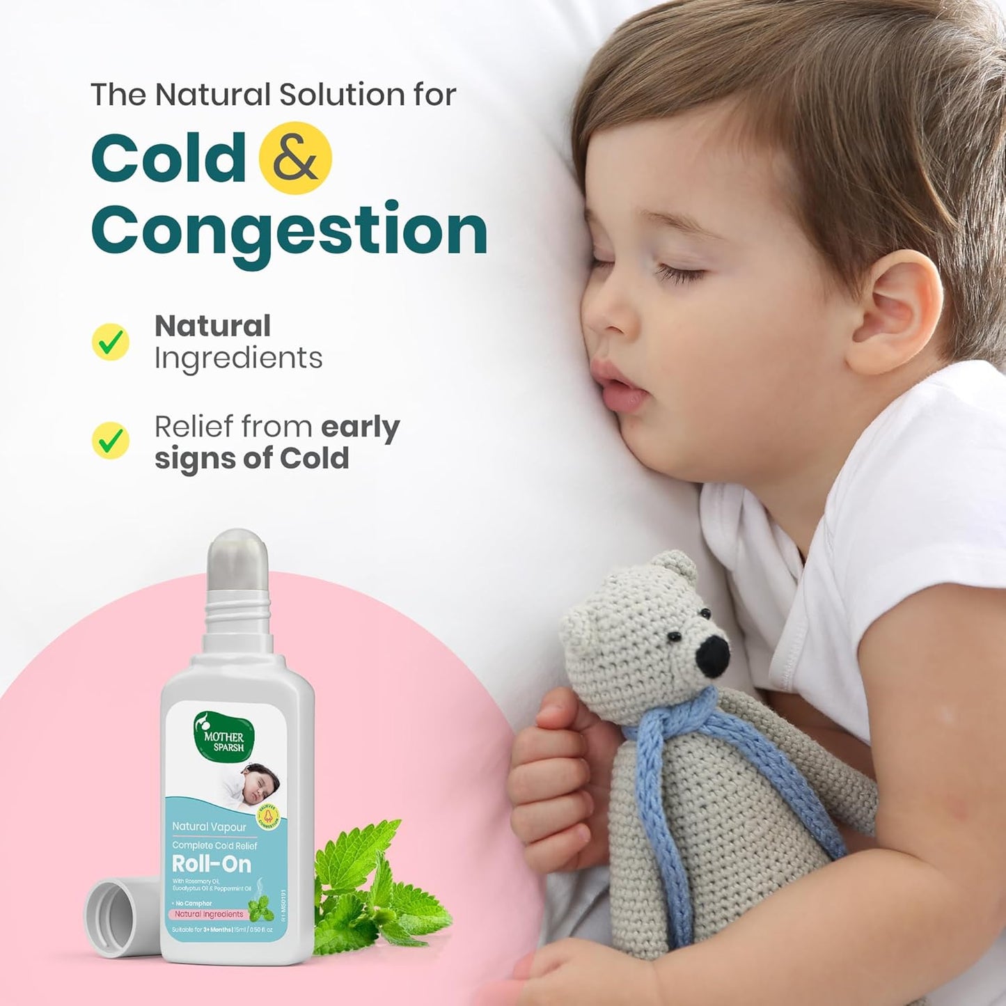 Mother Sparsh Natural Vapour Complete Cold Relief Roll-On for Babies-15ml | With Thymol Crystal, Eucalyptus Oil & Peppermint Oil for Cold & Cough | 100% Natural | Relieves Chest Congestion
