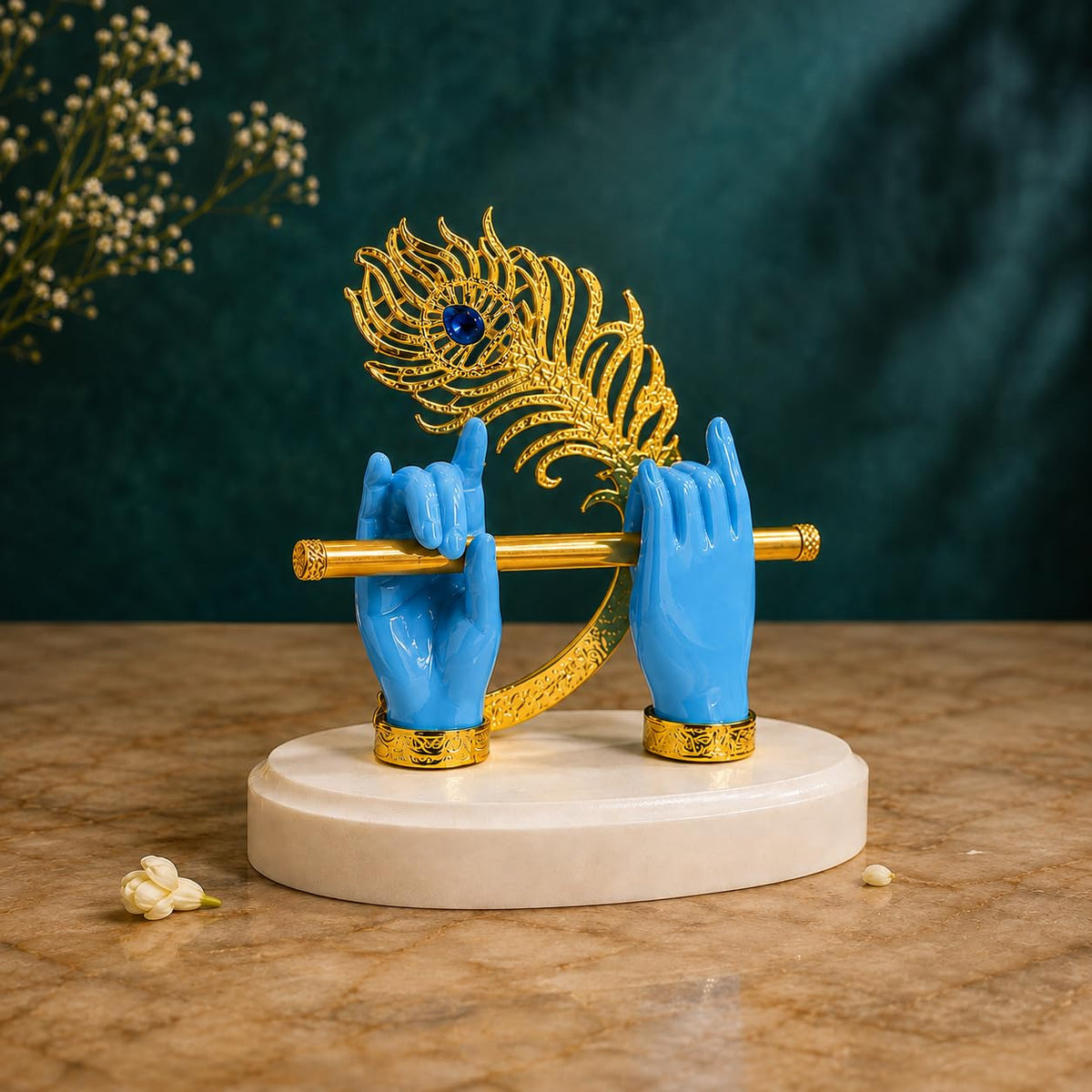 Goldplated Krishna Hand with Flute Idol Peacock Feather Mor Pankh Showpiece,Housewarming Gift, Birthday Anniversary Wedding Janmashtami Gift,Home Decor Decoration Items for Living Room