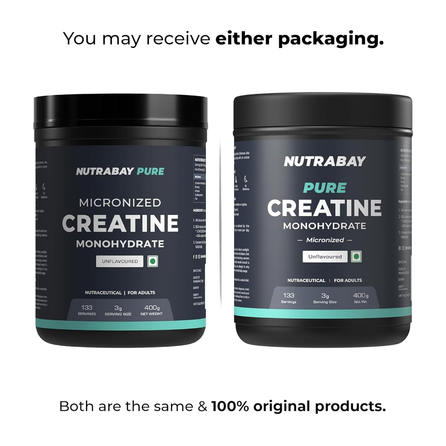 Two containers of Nutrabay Pure Micronized Creatine Monohydrate on a white background.