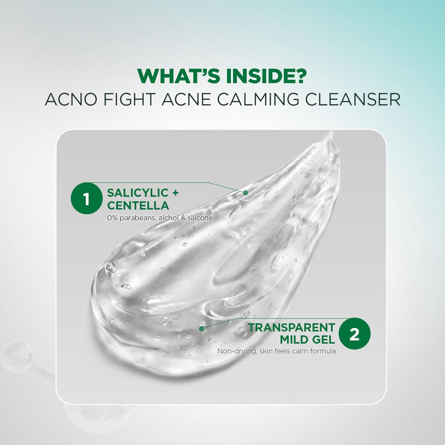 Acno Fight Acne Calming Cleanser with clear gel droplet on a light gray background