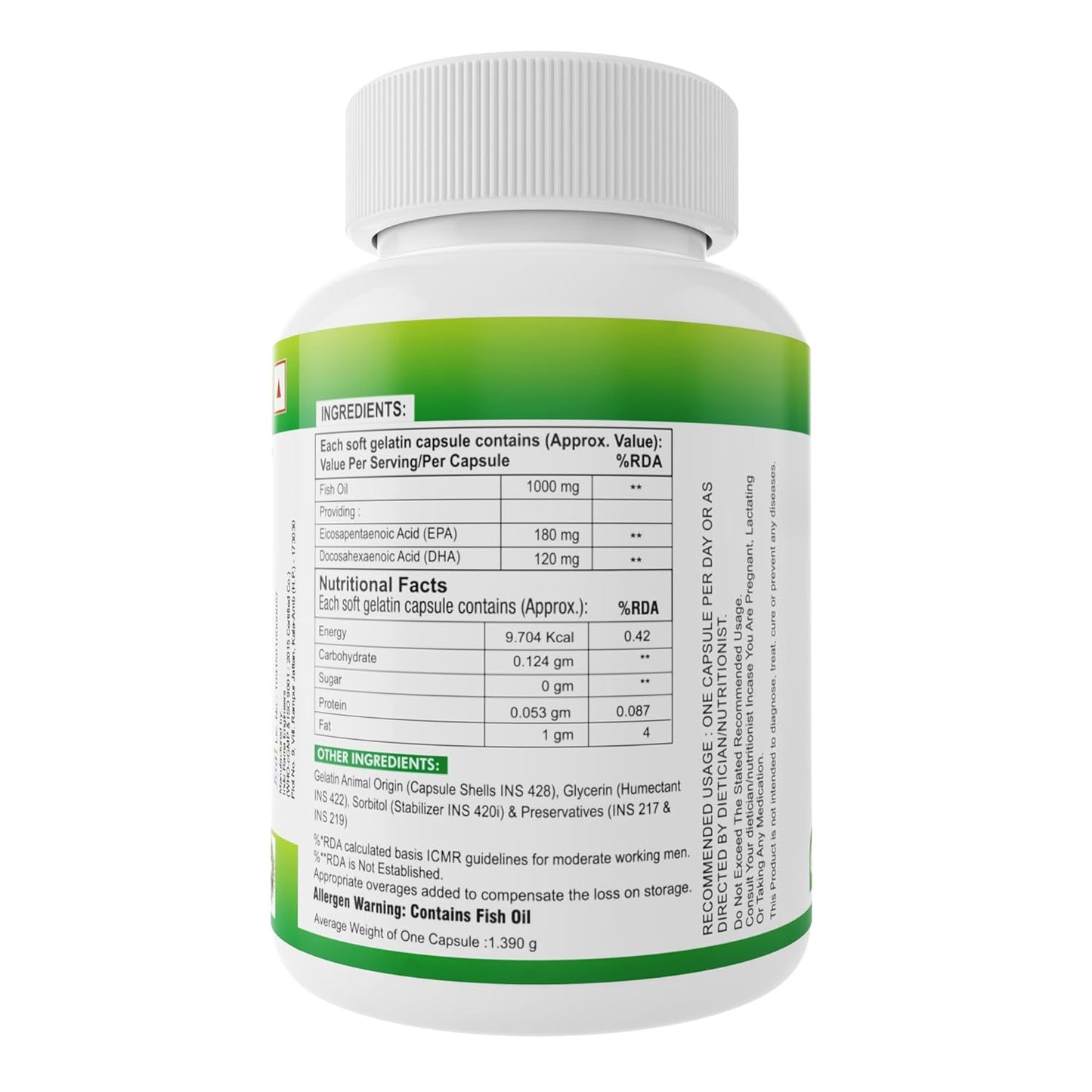 Nveda Omega-3-Fish-Oil 1000mg For Men & Women, Omega 3 fatty-acid 60 Capsules with 180mg EPA-DHA 120mg for Healthy Heart, Eyes, Brain & Joints