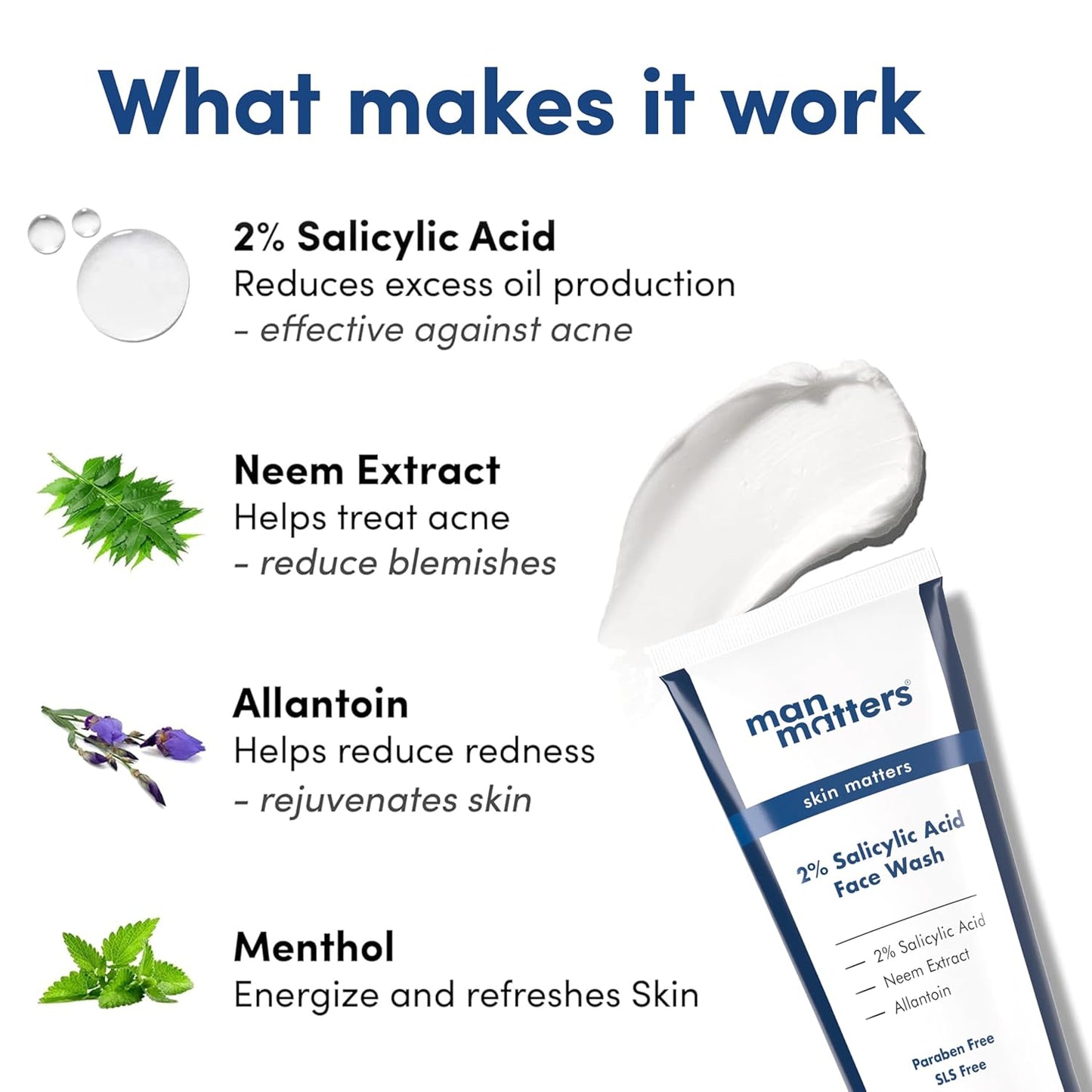 Man Matters Clear 2% Salicylic Acid Face Wash for Men | Helps to Reduce Acne, Dark Spots & Oil Production | Formulated with Salicylic Acid, Neem Extract and Menthol | 100ml