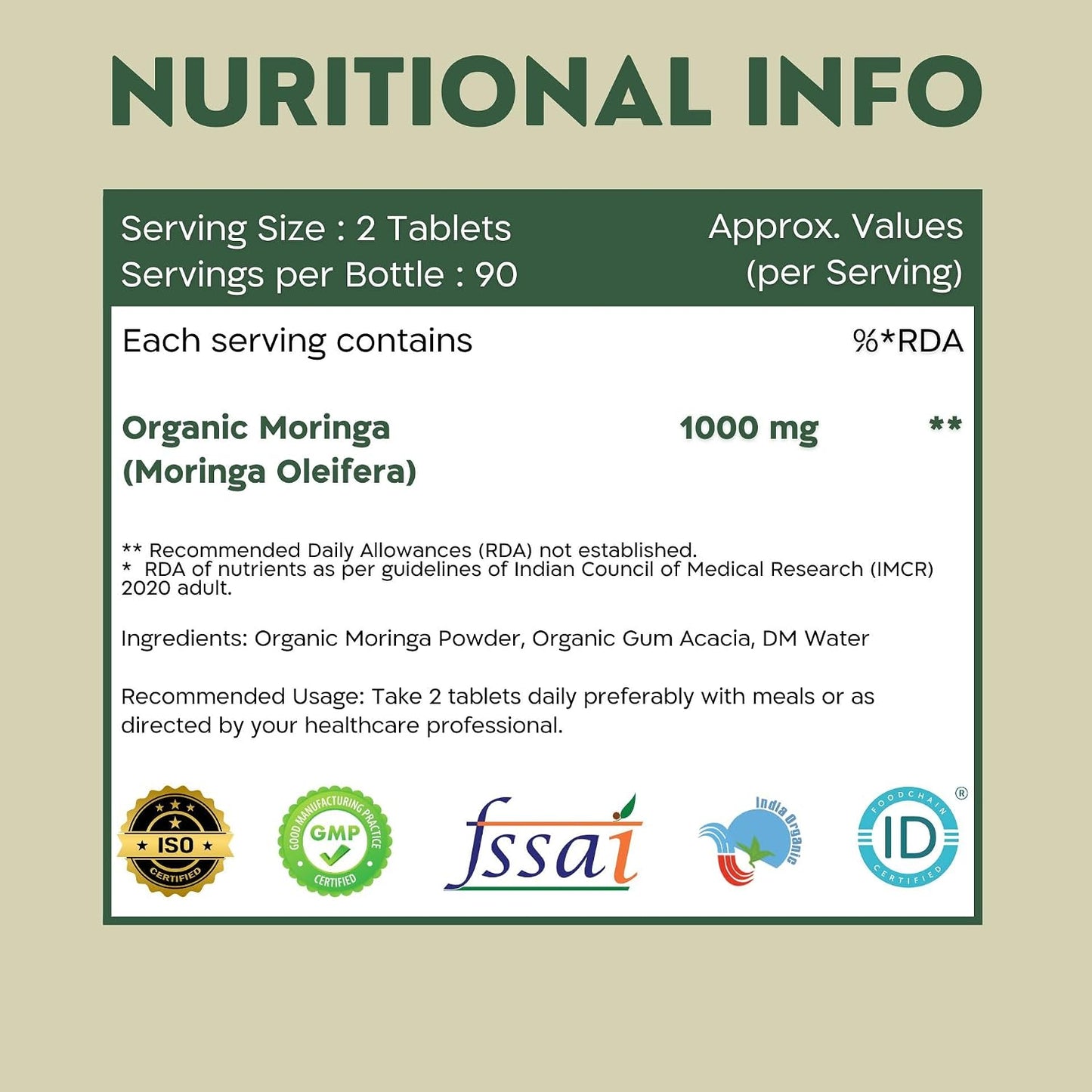 Nutrabud Moringa Tablet 1000mg - 180 Tablets - Moringa Leaves Powder Tablets for Immunity, Digestion & Energy - Certified Organic (180 Count (Pack of1))