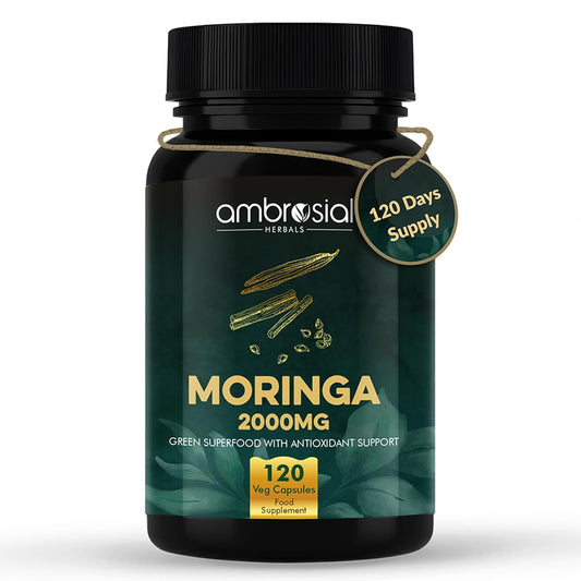 Black bottle of ambrosial Herbals Moringa 2000MG supplement with green label on a white background