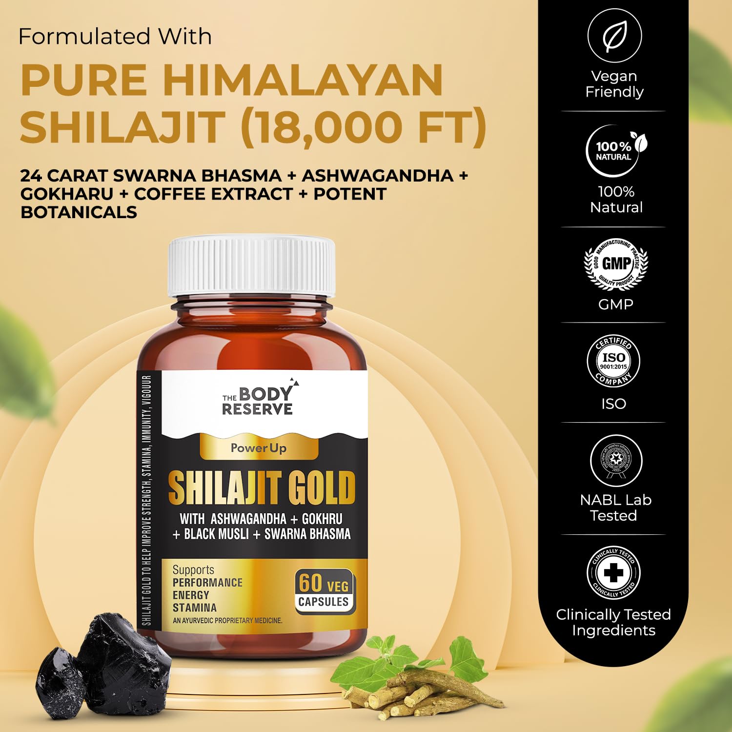Body Reserve Shilajit Gold supplement bottle with ingredients listed on a beige background
