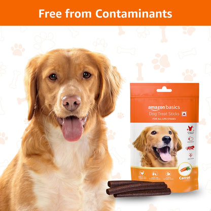 Amazon Basics Dog Treat Sticks 140 gm, Chewy Meat Sticks for Adult Dogs and Puppies, High Protein Dog Treats for Training and Snacks, Made of Real Chicken Meat, Ziplock Pack, Carrot Flavor