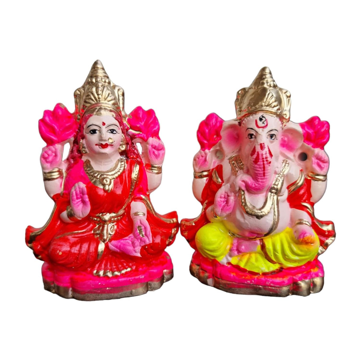 Terracotta Goddess Lakshmi and Lord Ganesh Idol/Statue/Murti Decorative Showpiece, Ganesha Laxmi Mitti Figurine for Puja(Silver Mukut)