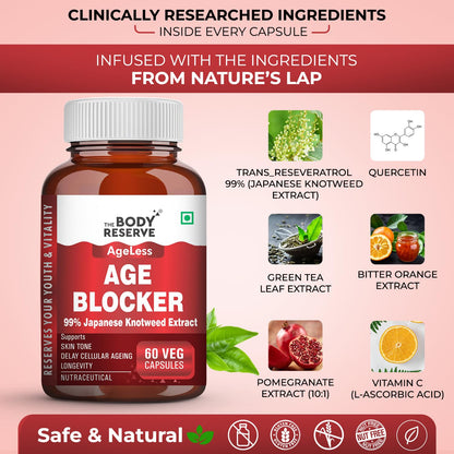Bottle of 'Age Less Age Blocker' with ingredients listed on a pink background