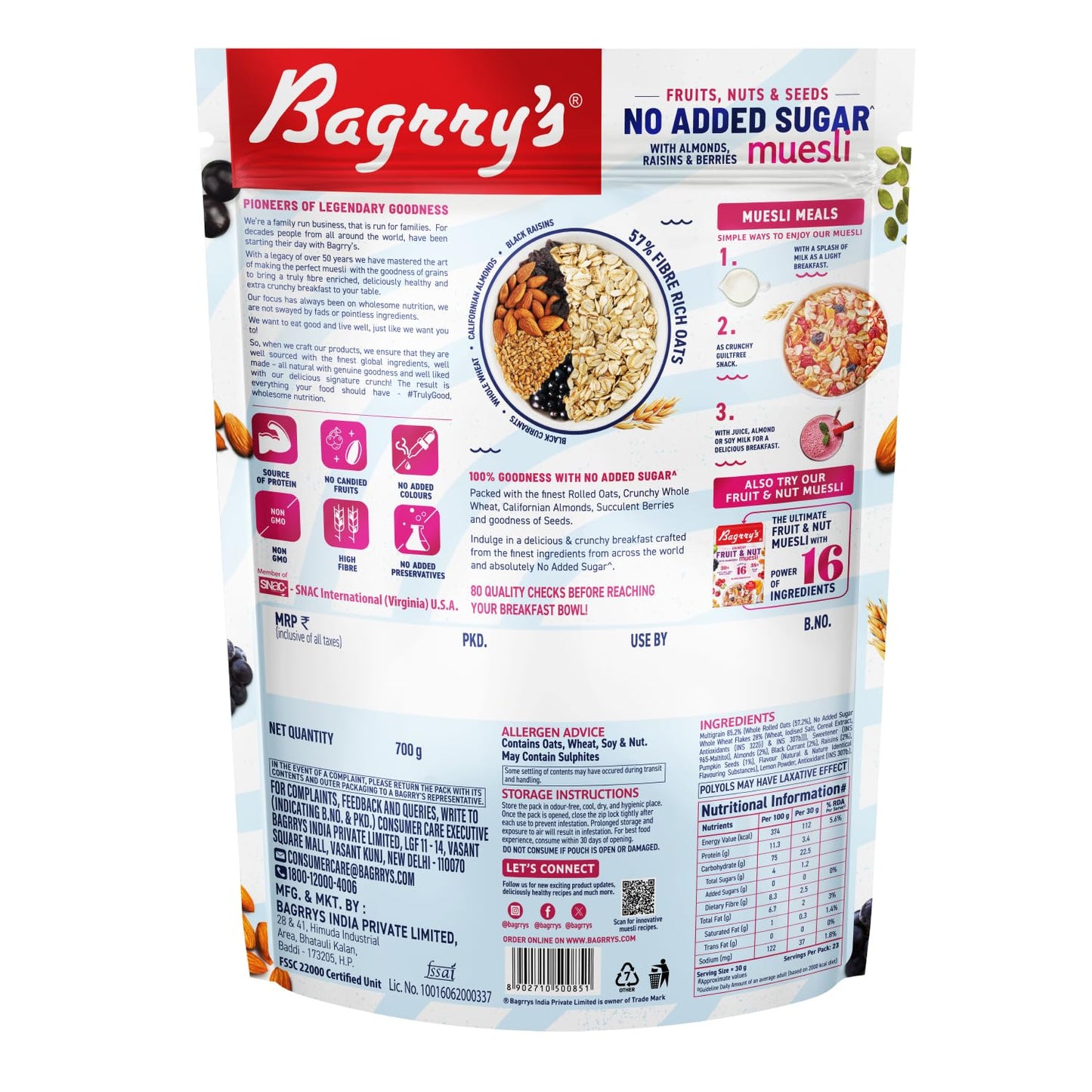Bagrry’s No Added Sugar Muesli with Fruits, Nuts & Seeds – 700g | High Fibre & Protein | 0% Added Sugar, No Corn Flakes | Whole Grain Breakfast Cereal with Almonds, Raisins, Pumpkin Seeds & Berries