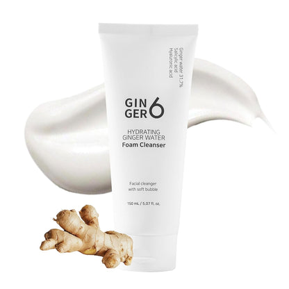 Ginger6 Hydrating Ginger Water Foam Cleanser with a piece of ginger on a white background