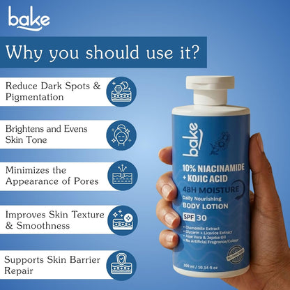 BAKE 10% Niacinamide Body Lotion SPF 30 with Kojic Acid for Acne Marks, Dark Spots & Pigmentation, 48H Moisturizing, Tan Removal | For Women & Men | 300ml