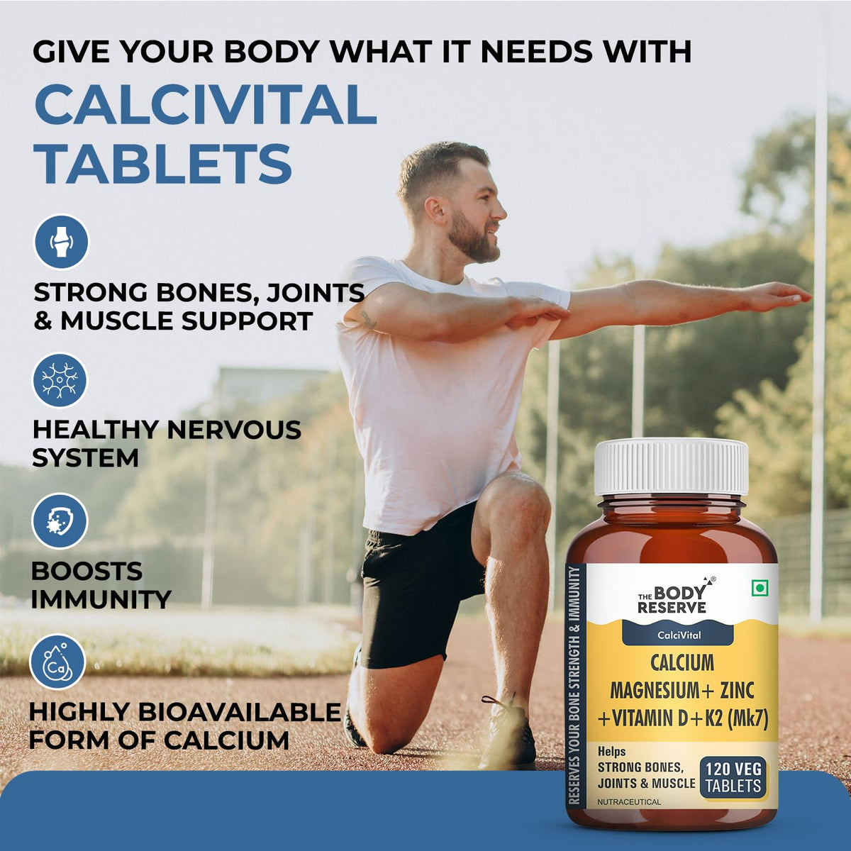 Person exercising outdoors with a bottle of Calcivital tablets in the foreground.