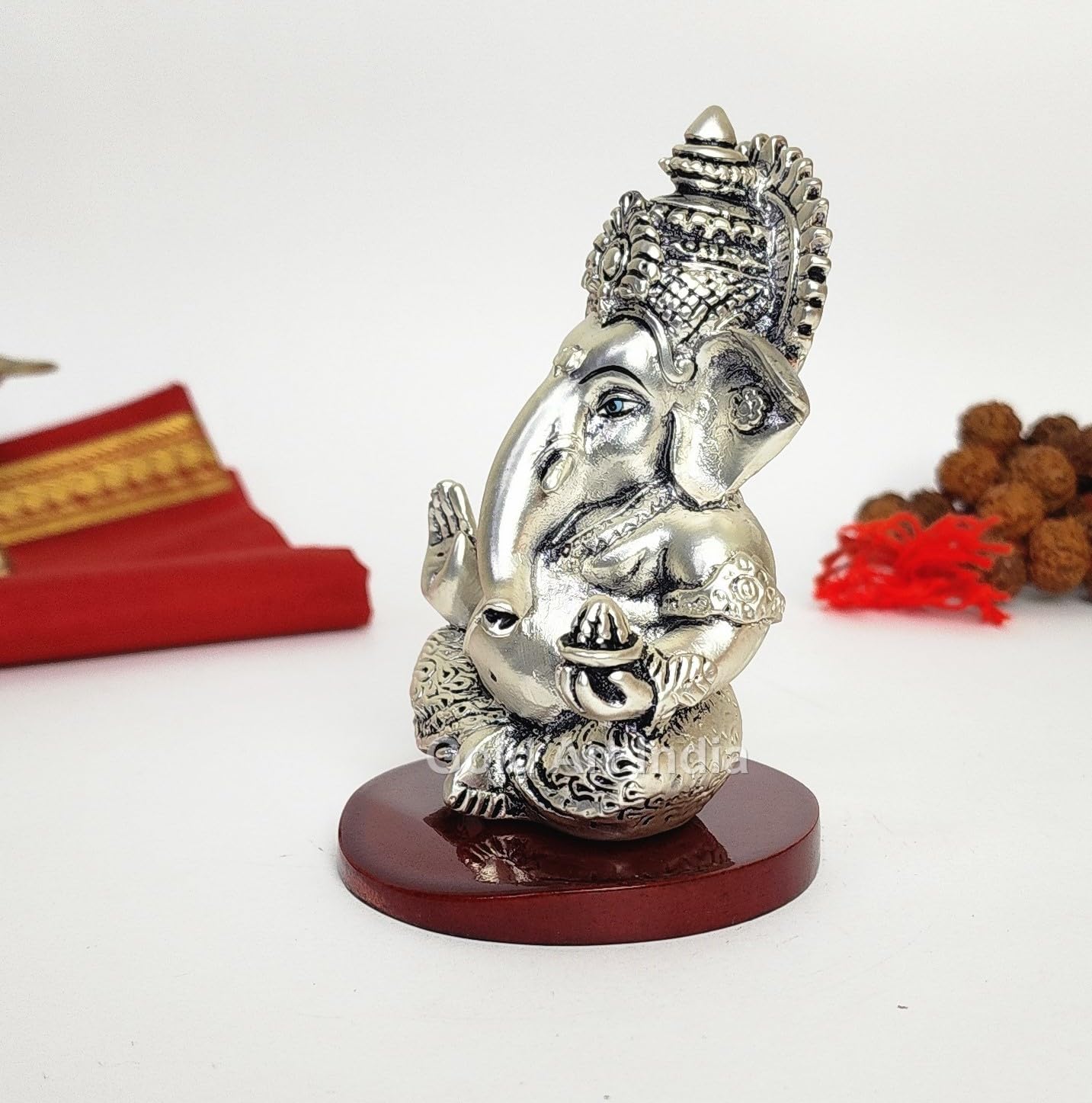 Gold Art India Ganpati Idol with Silver Antique Finish | Ganesha murti for Home Decor | Ganesh Statue for Car Dashboard | Ganpati ji murti for Puja | (MUKUTSILANTIQMATTEMDF) (3.5 x 2.5), Religious