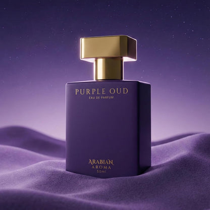 Purple Oud perfume bottle with gold cap on a purple fabric background