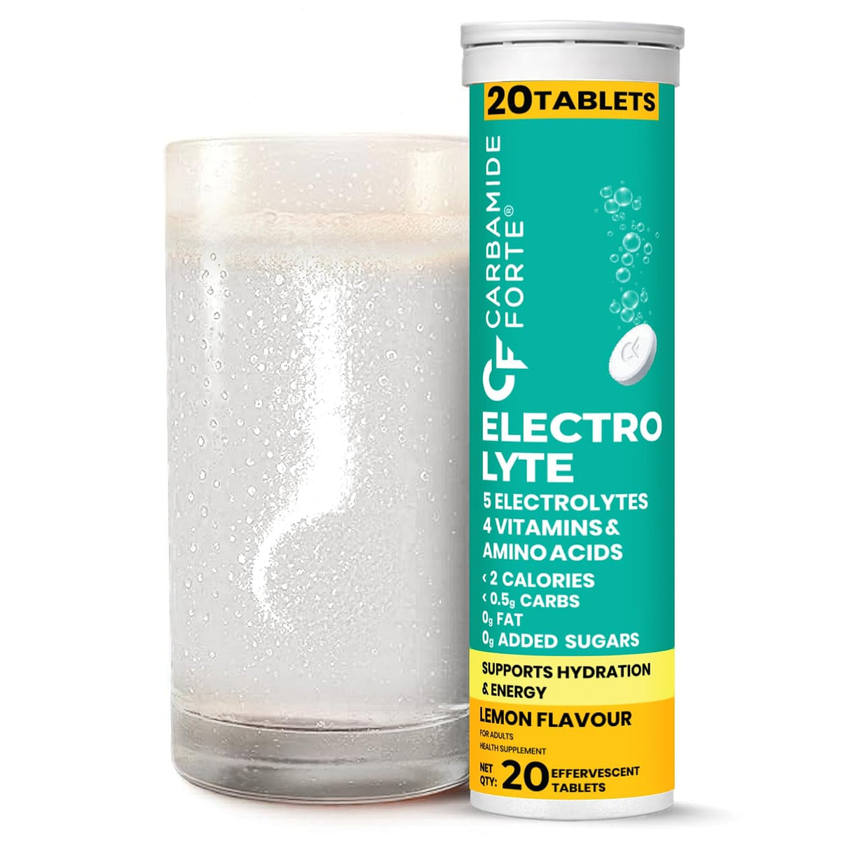 Carbamide Forte Electrolyte Supplement with Zero Added Sugar | Electrolyte Hydration Tablets for Sustained Energy with 5 Essential Electrolytes No Sugar, Low Calorie Hydration | Lemon Flavour | 20 Effervescent Tablets