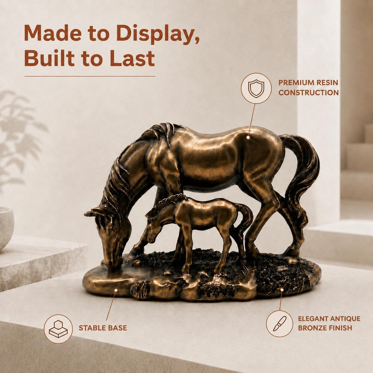 Graceful Mare & Foal Horse Sculpture Showpiece for Home & Office Décor | Nature-Inspired Decorative Figurine for Living Room, Study, Shelf & Console Table Styling - Bronze