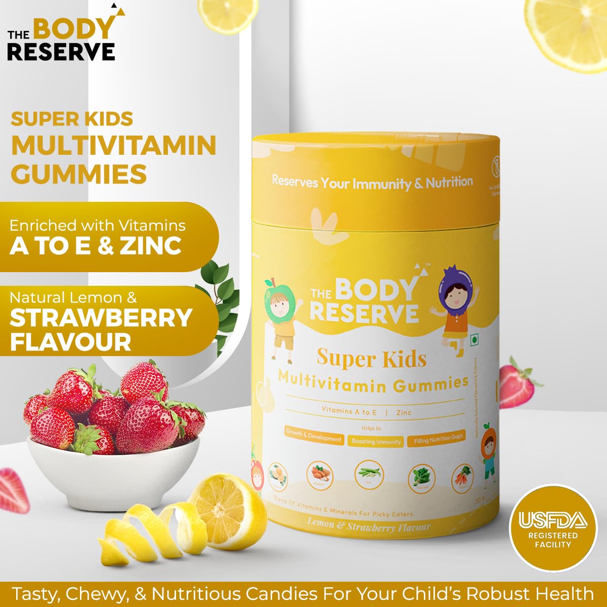 The Body Reserve Super Kids Multivitamin Gummies packaging with lemon, strawberry, and bowl of gummies on a white background.