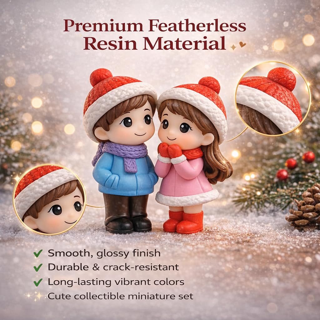 Resin Winter Couple Miniature Figurines (2 Pcs) – Handcrafted Romantic Winter Decor | Cute Christmas & Valentine Gift | Mini Tabletop, Shelf & Car Dashboard Display