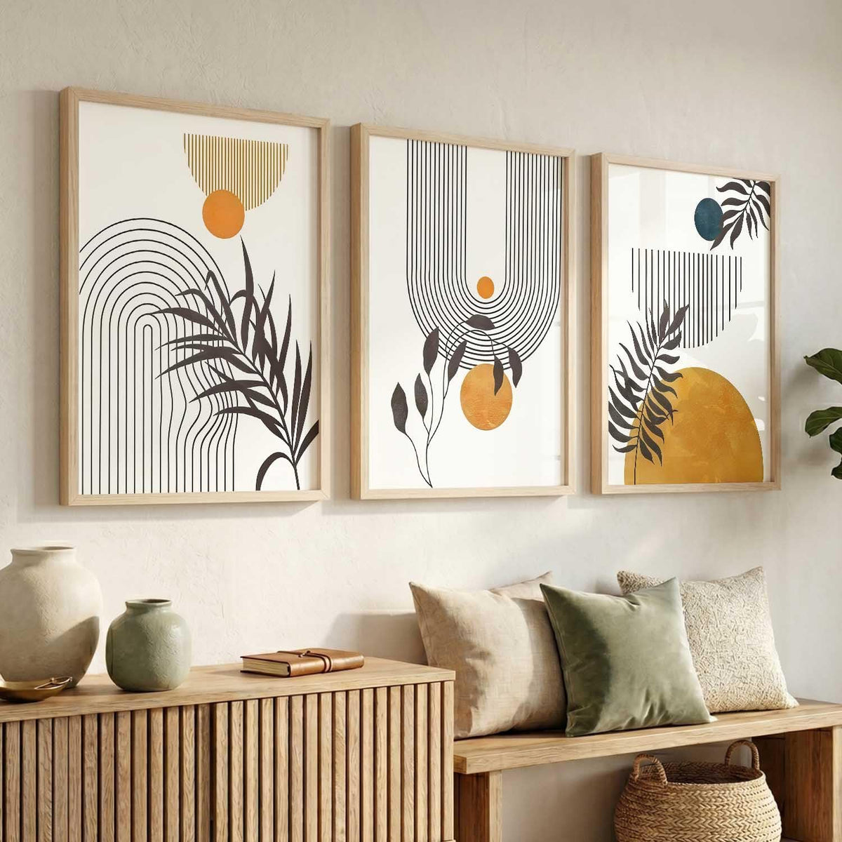 Boho Wall Art Home Decoration Paintings With Frame For Living Room Bed Room Hotel Wall Decor Digital Reprint Set of 3 (13X17 inch)