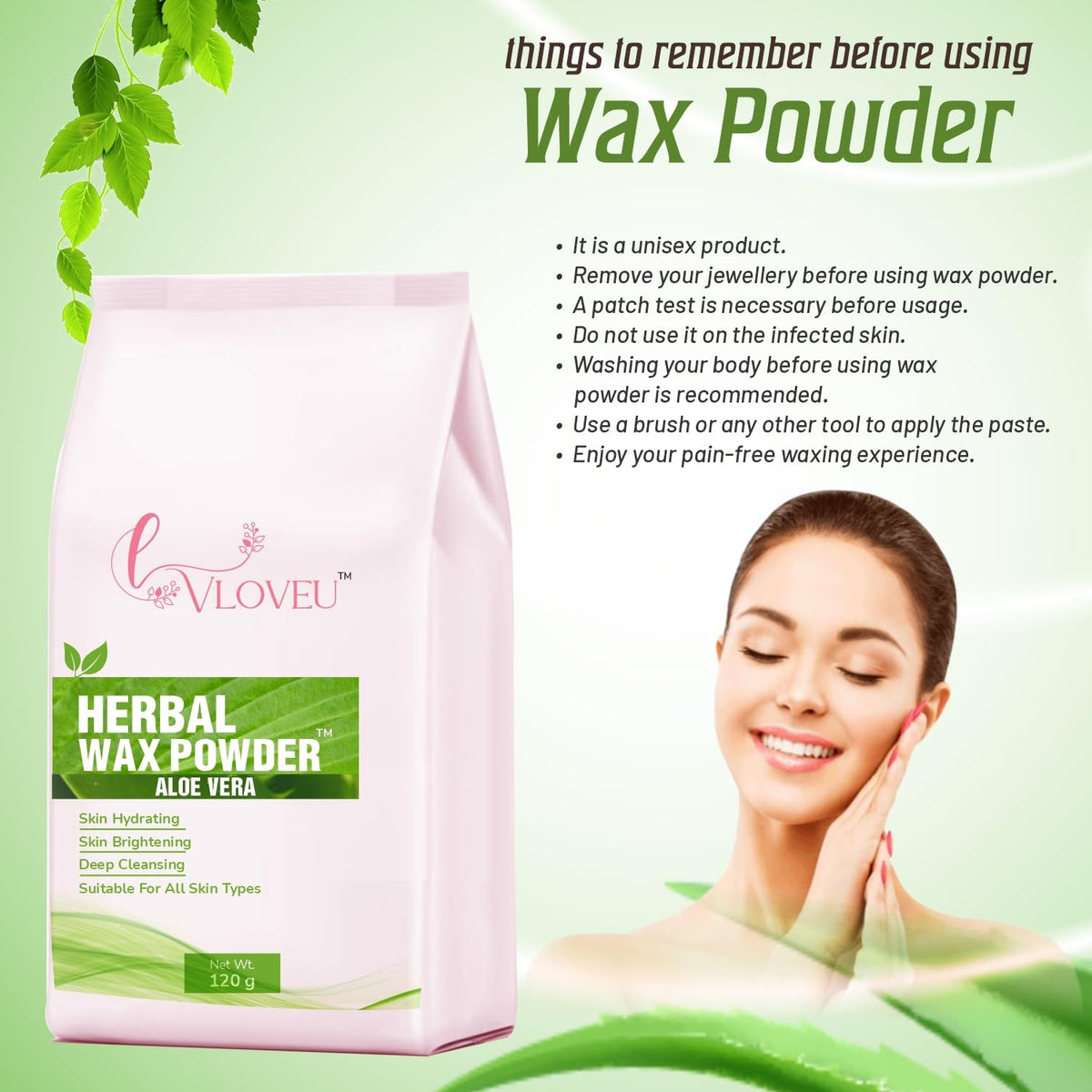VLOVEU Wax Powder for Hair Removal for Women - 120 gm (Pack of 1) | Hair Removal Powder with Aloevera | Painless Herbal Wax Powder, All Skin Types Hands, Legs, Underarms, Bikini & Intimate Area