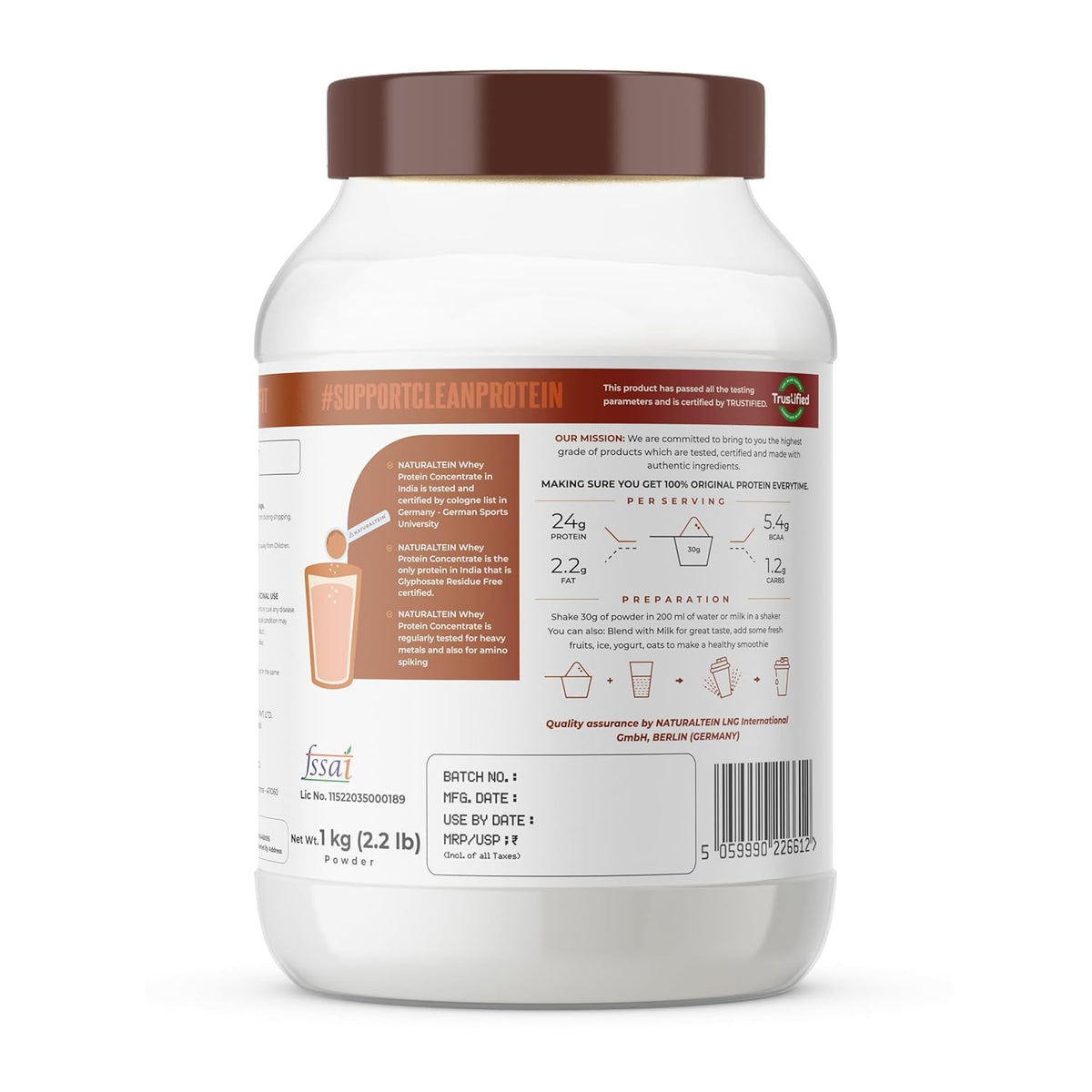 Protein powder container with label on a white background