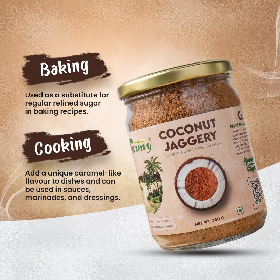 Farmy Coconut Palm Sugar | Natural Sweetener Low Glycemic Index | Unrefined Coconut Jaggery Powder in Glass Jar | No Preservatives Vegetarian Sugar Alternative for Cooking Baking Beverages (350g)